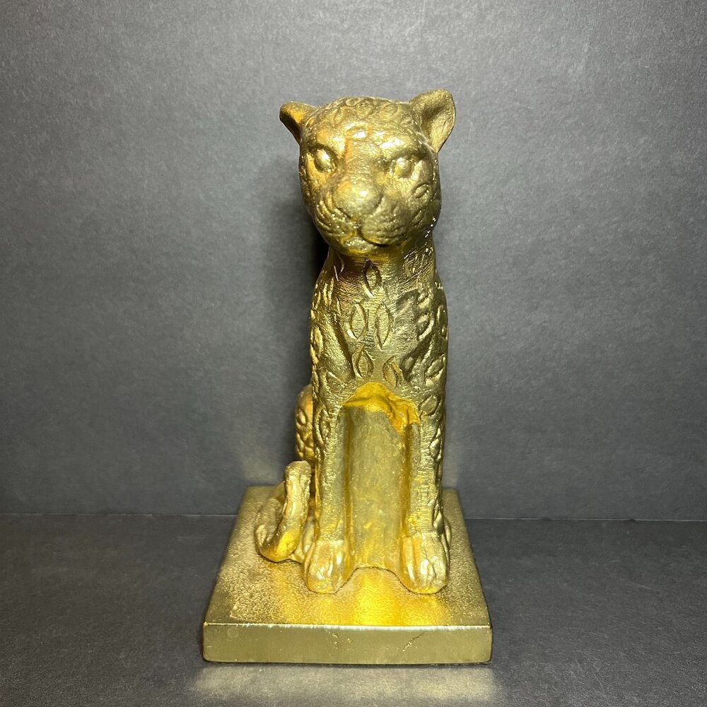 Decorative Gold Tone Metal Wildcat Cheetah Leopard Statue Figure Bookend 6.5"